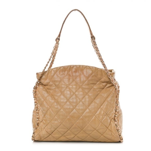 CHANEL Authentic Calfskin Leather Quilted Chain Tote Tan Medium - Picture 1 of 16